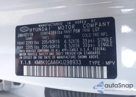 2019 Hyundai Kona Se z USA, uszkodzony, nr VIN KM8K1CAA6KU298933